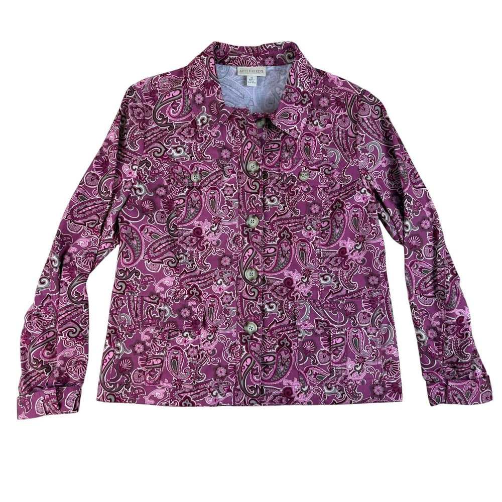 Appleseed's M Paisley Utility Jacket Cotton Stretch Purple Button Front